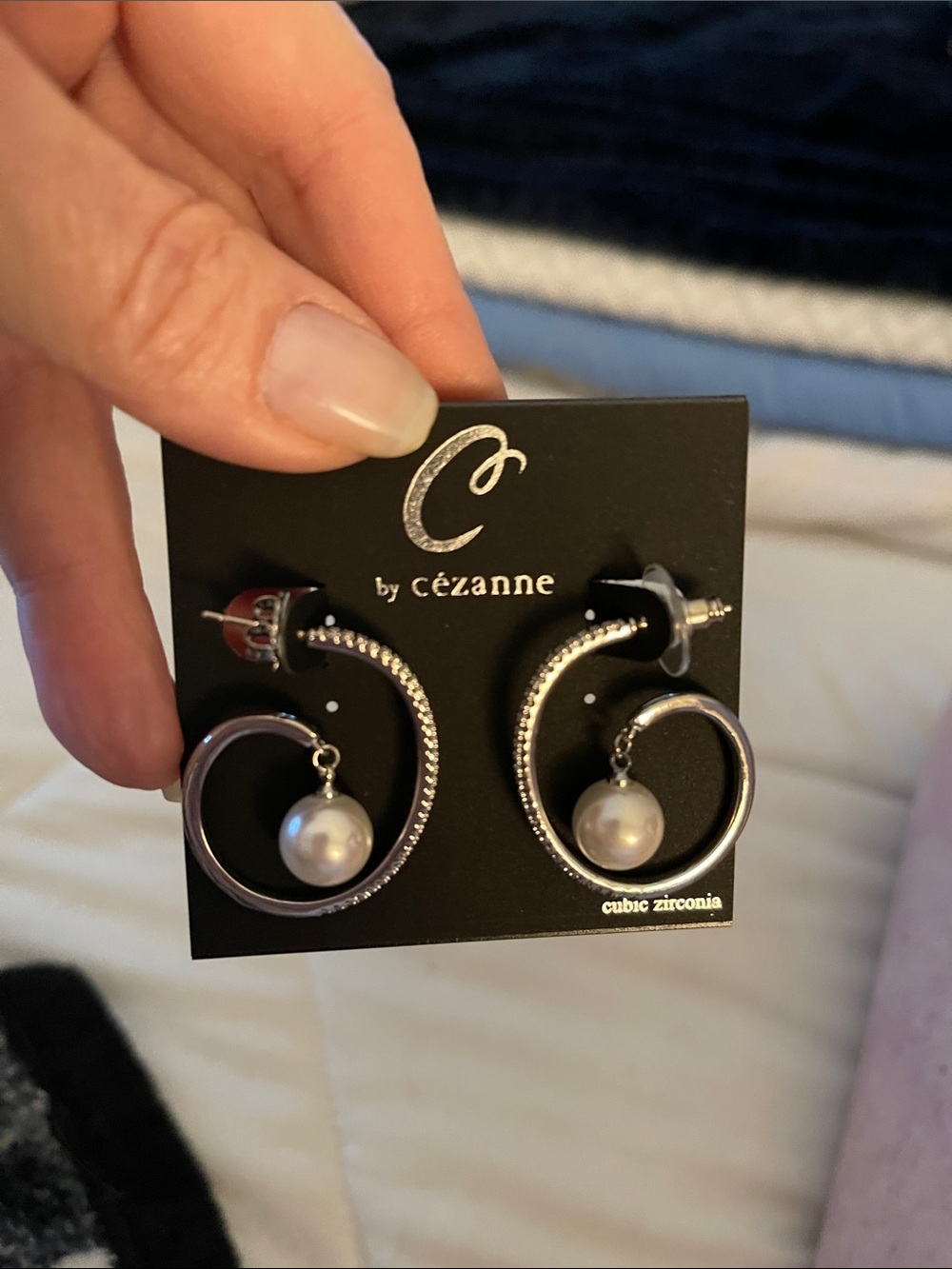 cezanne Silver Hoop Earrings with Pearl Drop and Crystal Accents